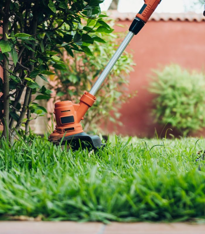 woman using the brushcutter cutting the lawn